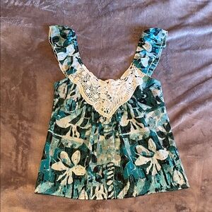 dELiA*s Teal and White Floral Blouse with Lace Detail